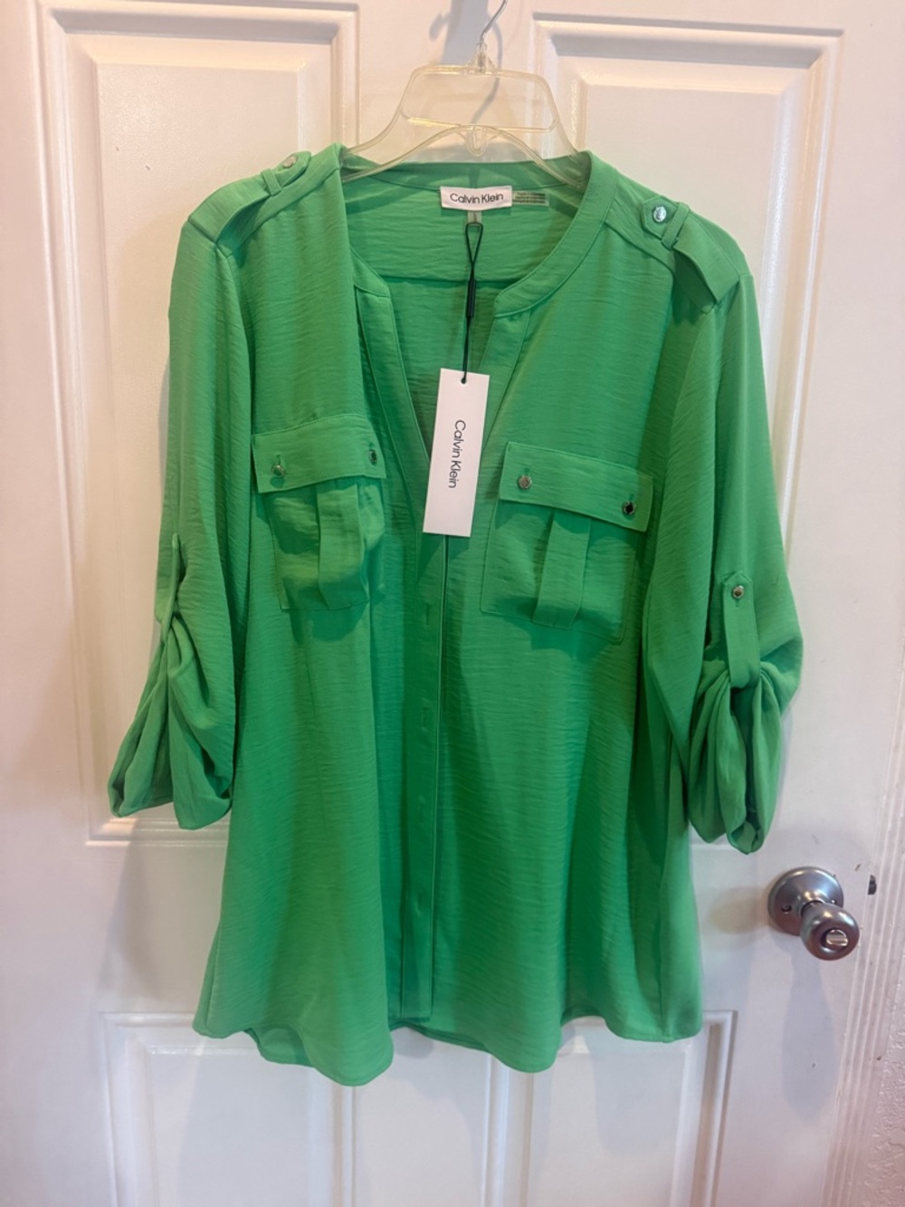 Calvin Klein Bright Green Roll-Tab Pocket Blouse